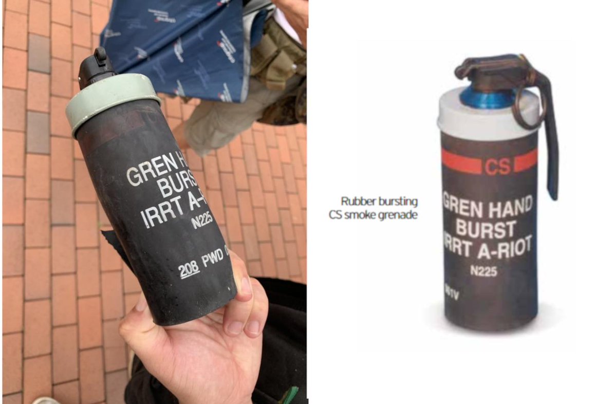 Police in Hong Kong are using what appears to be hand thrown N225 Rubber Bursting countryside Grenades, manufactured by the UK-based Chemring Group, against protestors