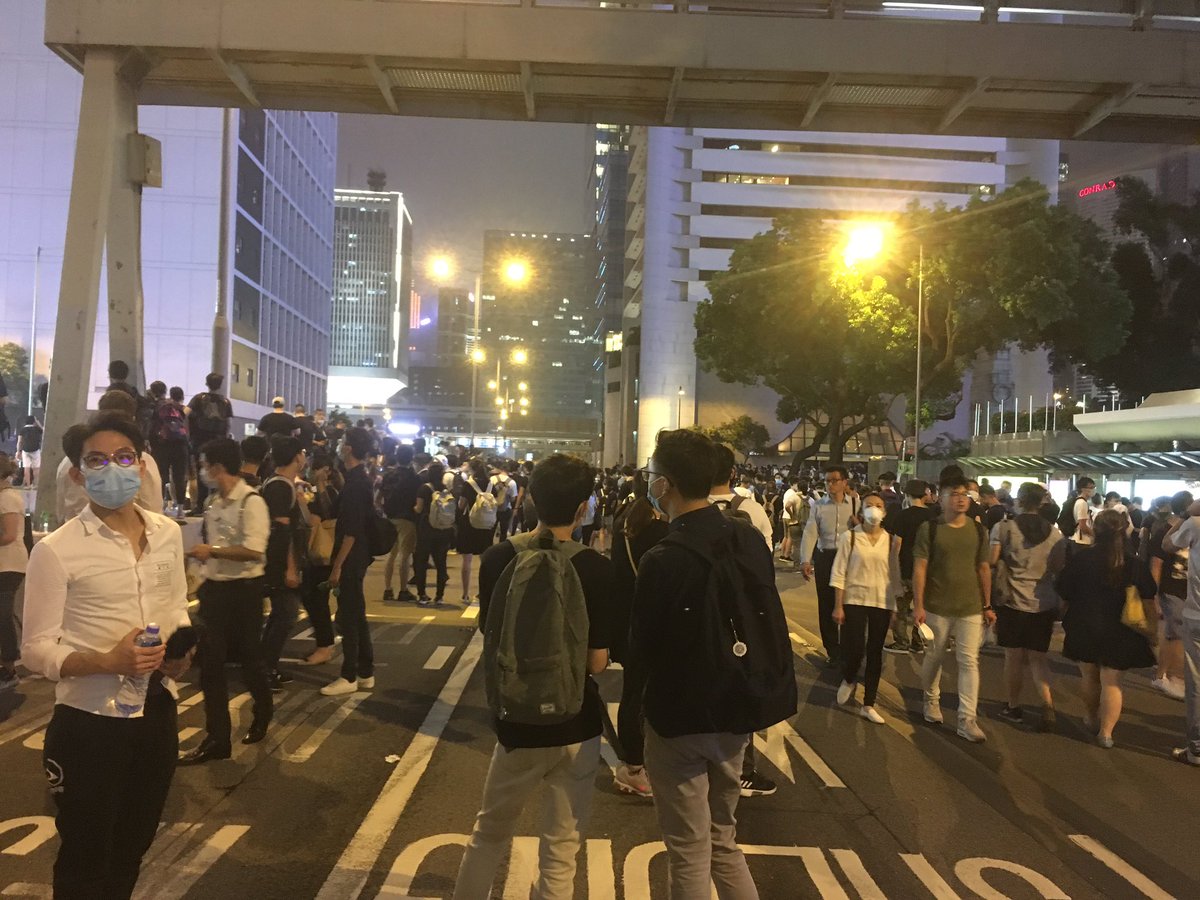 The majority of demonstrators remain on Connaught Road Central, with more joining after getting off work, and otherwise disrupted around the vicinity of Central   