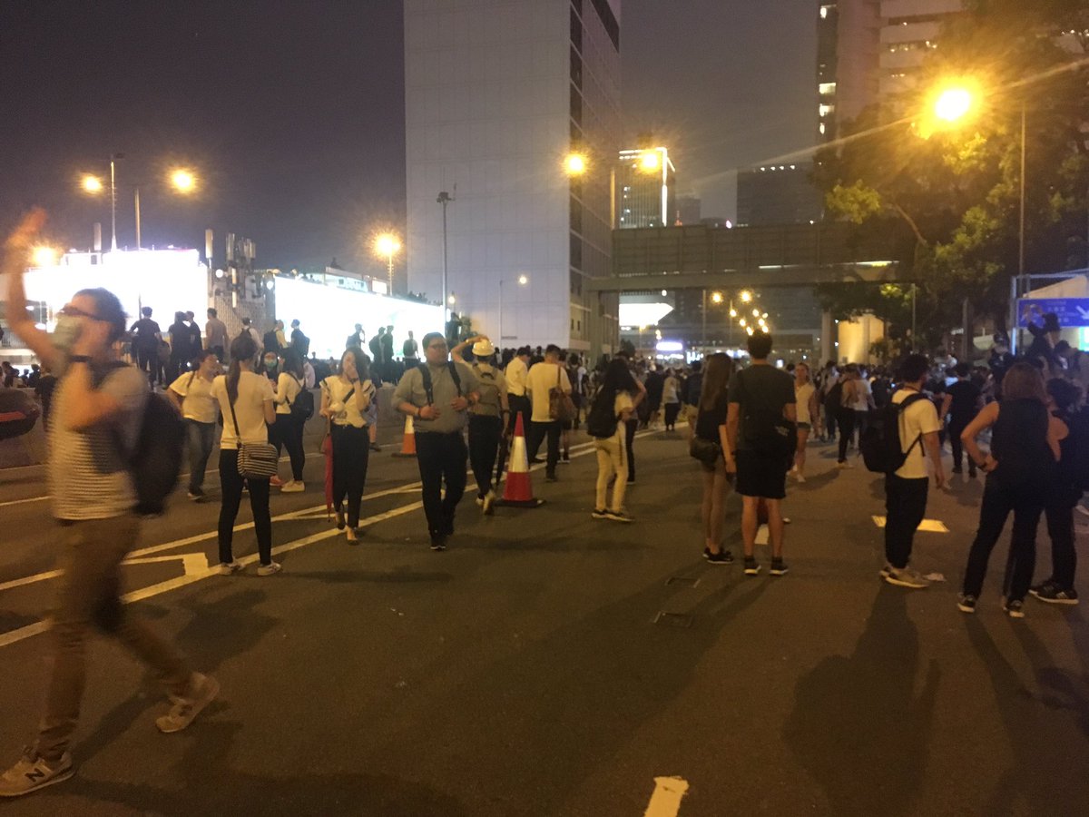 The majority of demonstrators remain on Connaught Road Central, with more joining after getting off work, and otherwise disrupted around the vicinity of Central   