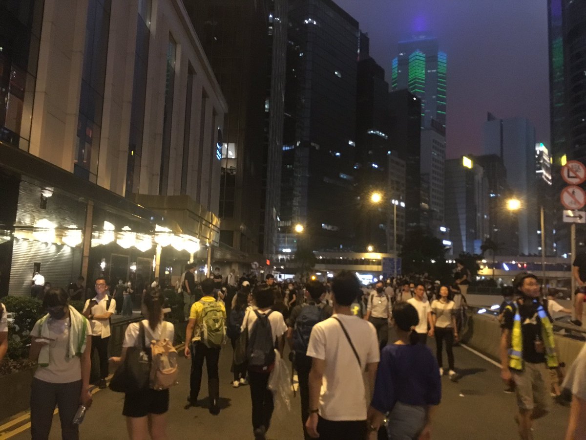 The majority of demonstrators remain on Connaught Road Central, with more joining after getting off work, and otherwise disrupted around the vicinity of Central   