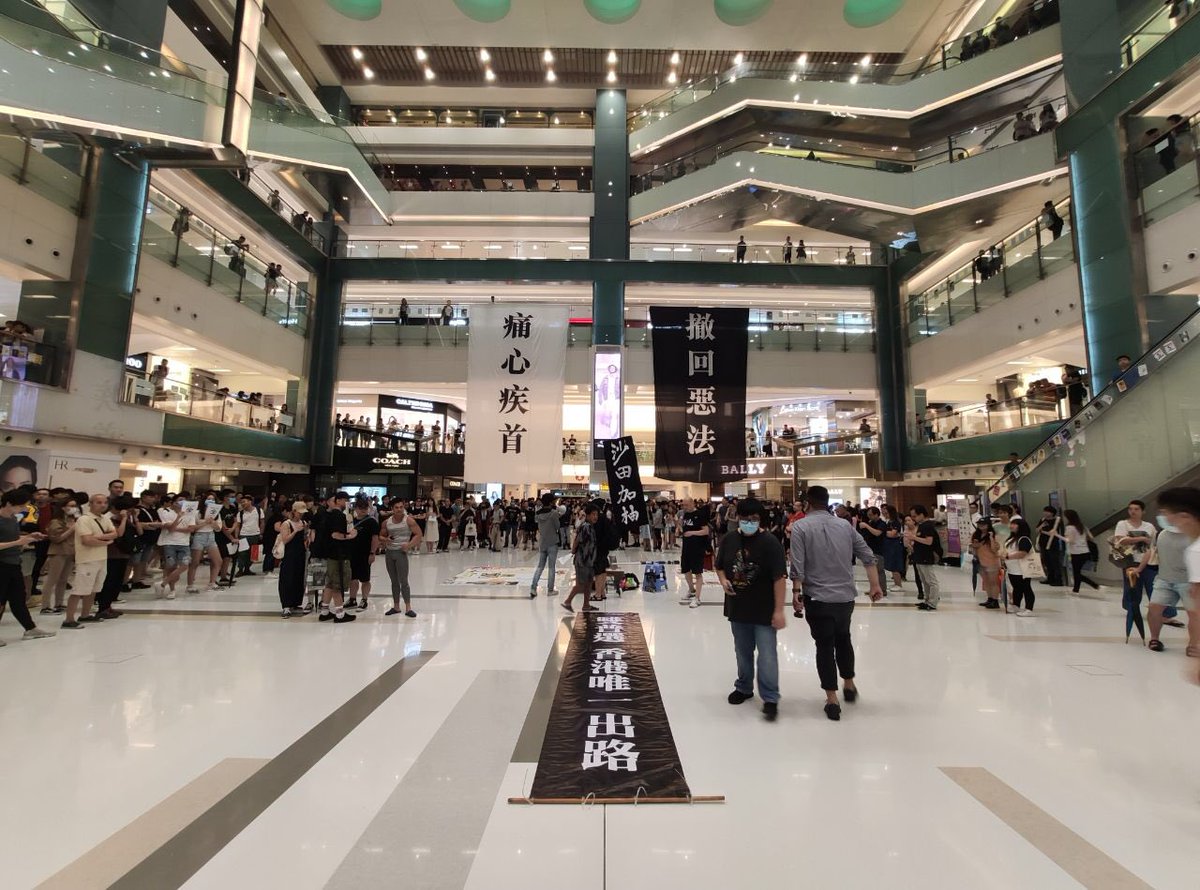 Several hundreds have assembled at New Town Plaza in Sha Tin to promote the city-wise general strike on Aug 5.  Scuffles broke out at the shopping centre and the surrounding neighbourhood on July 14 after sunset following a peaceful march
