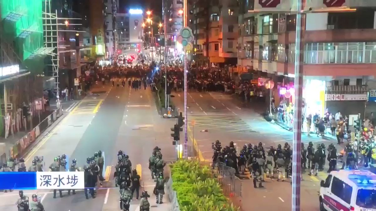 Protesters and police standoff in Sham Shui Po, Kowloon. 