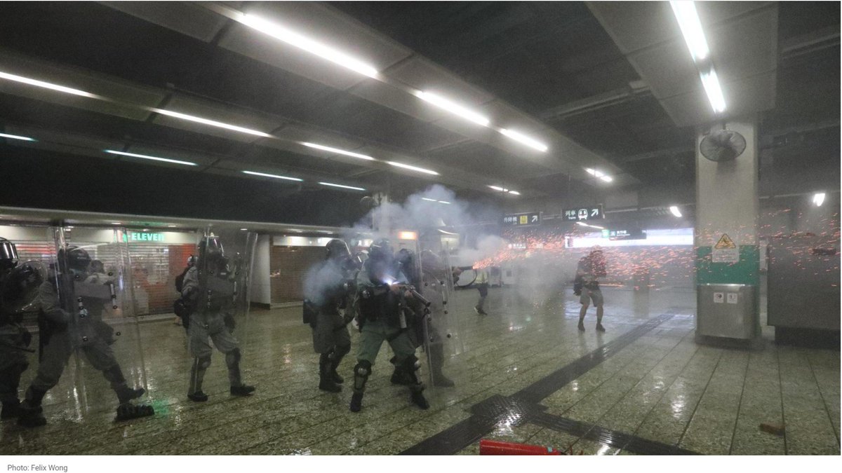 Kwai Fong MTR station: The first time Hong Kong police fired tear gas rounds inside the public transport MTR metro system during the 10-week civil unrest/protests in the city.