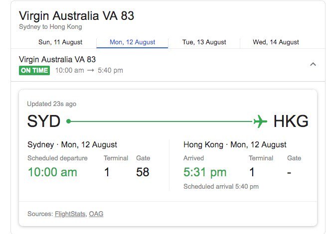 A source says the last fight landing today will be Virgin Australia's VA83, scheduled to touch down at 5.31pm. Other flights scheduled to arrive later were either diverted or put on hold  #HongKongProtests