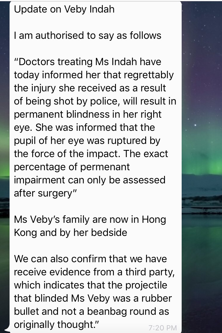 Veby Indah, the journalist who was hit in the face on Sunday by a round fired by a Hong Kong police officer, is permanently blinded in her right eye. Info  her lawyer Michael Vidler