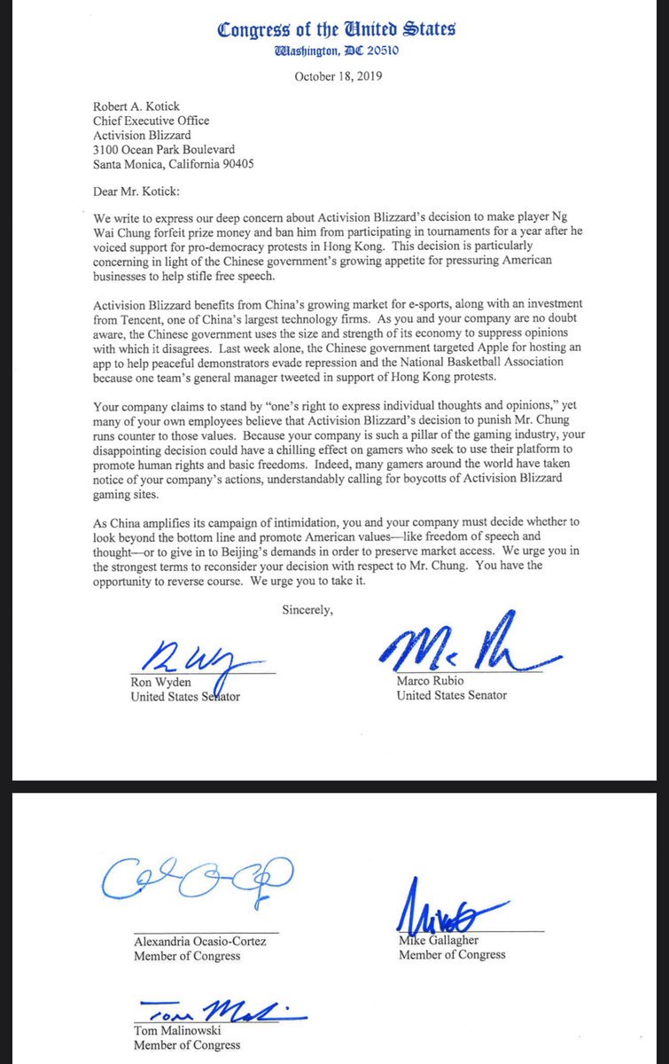 .@AOC, Senator @marcorubio, Senator @RonWyden, congressman Gallagher and Malinowski have signed a joint letter directed to Activision Blizzard CEO Bobby Kotick denouncing and condemning Blizzard's punishment of Blitzchung