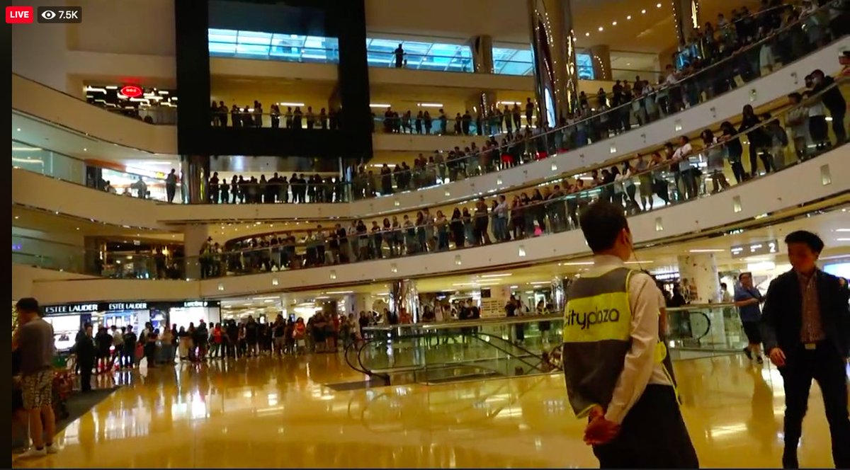 The luxury Cityplaza mall in the Tai Koo neighborhood is also chock full of protesters, shouting slogans. (5:20pm; Stand News livestream)