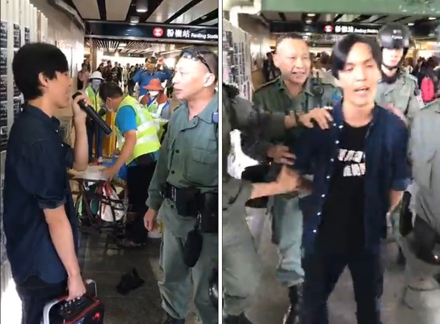 On Saturday, Hendrick Lui - a non-affiliated pro-democracy district council candidate running in North District's Shing Fuk - was arrested after questioning riot police and government workers removing posters from a local Lennon Wall.  Photo: Hendrick Lui  Facebook
